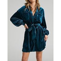 Women's Velvet Dress Party Dress Cocktail Dress Mini Dress Blue Purple Brown Long Sleeve Plain Ruched Spring Fall Winter Shirt Collar Elegant Winter Dress Wedding Guest Vacation S M L XL Lightinthebox - thumbnail