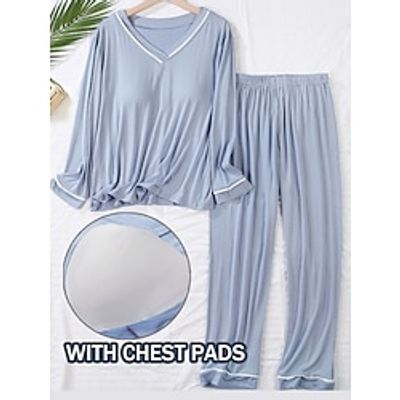 Women's Pajamas Sets with Chest Pads Pure Color Simple Casual Comfort Home Daily Bed Modal Breathable V Wire Long Sleeve Elastic Waist Chest pads Fall Winter Light Pink Pink Lightinthebox