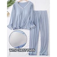 Women's Pajamas Sets with Chest Pads Pure Color Simple Casual Comfort Home Daily Bed Modal Breathable V Wire Long Sleeve Elastic Waist Chest pads Fall Winter Light Pink Pink Lightinthebox - thumbnail