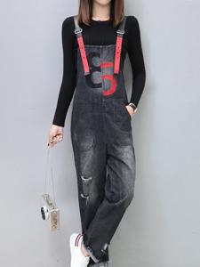 Embroidery Hole Ripped Denim Jumpsuit