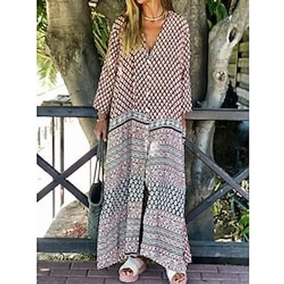 Women's A Line Dress Maxi long Dress Red Long Sleeve Print Print Fall Winter V Neck Casual Modern 2022 S M L XL 2XL 3XL Lightinthebox