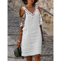 Women's Lace Dress Linen Dress White Cotton Dress Midi Dress Lace Patchwork Daily Vacation V Neck Half Sleeve Summer Spring White Blue Plain Lightinthebox