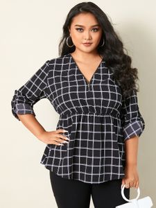 YOINS Plus Size V-neck Plaid Zip design Long Sleeves Blouse