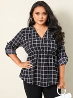 YOINS Plus Size V-neck Plaid Zip design Long Sleeves Blouse - thumbnail