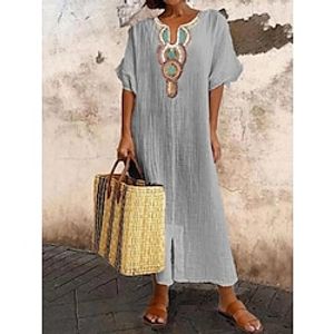 Women's Casual Dress Cotton Linen Dress Maxi long Dress Linen Cotton Blend Basic Modern Daily Weekend Split Neck Embroidered Half Sleeve Summer Spring 2023 Loose Fit White Pink Blue Floral S M L XL Lightinthebox