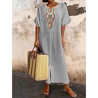 Women's Casual Dress Cotton Linen Dress Maxi long Dress Linen Cotton Blend Basic Modern Daily Weekend Split Neck Embroidered Half Sleeve Summer Spring 2023 Loose Fit White Pink Blue Floral S M L XL Lightinthebox