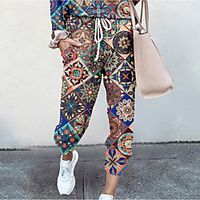 Women's Basic Soft Comfort Daily Home Jogger Pants Geometric Pattern Color Block Full Length Elastic Drawstring Design Print Purple Wine Fuchsia Orange Green miniinthebox - thumbnail