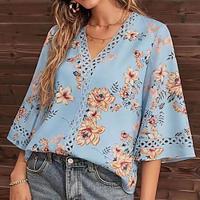 Women's Shirt Blouse Floral Daily Vacation Lace Print Black 3/4 Length Sleeve Casual V Neck Spring Summer Lightinthebox