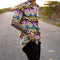 Men's Shirt Geometry Button-Down Print Short Sleeve Street Tops Casual Fashion Breathable Comfortable Yellow miniinthebox - thumbnail