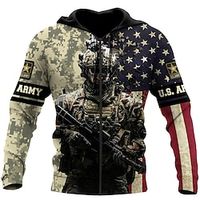 Men's Full Zip Hoodie Jacket Khaki Hooded Graphic Prints National Flag Zipper Print Sports  Outdoor Daily Sports 3D Print Streetwear Designer Casual Spring   Fall Clothing Apparel Soldiers Hoodies Lightinthebox