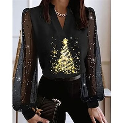 Christmas Shirt Women's Shirt Blouse Christmas Tree Sparkly Black Blue Print Mesh Patchwork Long Sleeve Party Christmas Casual Festival / Holiday V Neck Regular Fit Fall Winter miniinthebox Christmas Shirt Women's Shirt Blouse Christmas Tree Sparkly Black Blue Print Mesh Patchwork Long Sleeve Party Christmas Casual Festival / Holiday V Neck Regular Fit Fall Winter miniinthebox
