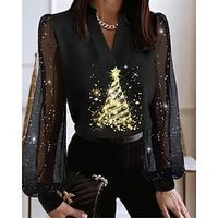 Christmas Shirt Women's Shirt Blouse Christmas Tree Sparkly Black Blue Print Mesh Patchwork Long Sleeve Party Christmas Casual Festival / Holiday V Neck Regular Fit Fall  Winter miniinthebox - thumbnail