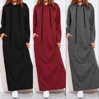 Drawstring hooded long-sleeved robe loose straight long skirt sweater dress