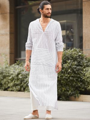Men Casual V-neck Striped Skirt Long Slit Hem Pocket Hoodies Men Casual V-neck Striped Skirt Long Slit Hem Pocket Hoodies