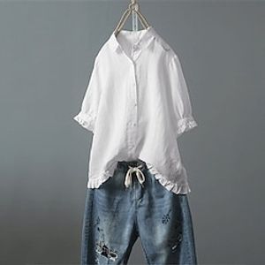 Women's Shirt White Yellow Pink Plain Lettuce Trim Half Sleeve Daily Weekend Basic Shirt Collar Long Cotton Loose Fit L miniinthebox