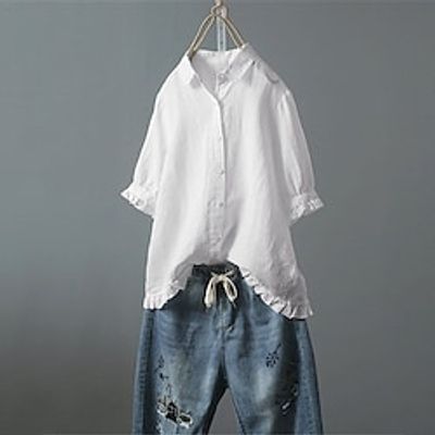 Women's Shirt White Yellow Pink Plain Lettuce Trim Half Sleeve Daily Weekend Basic Shirt Collar Long Cotton Loose Fit L miniinthebox