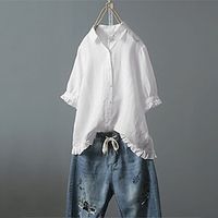 Women's Shirt White Yellow Pink Plain Lettuce Trim Half Sleeve Daily Weekend Basic Shirt Collar Long Cotton Loose Fit L miniinthebox - thumbnail