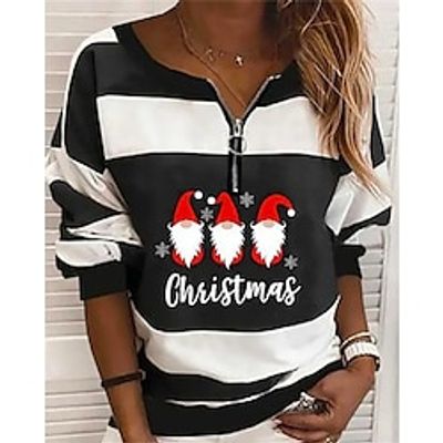Women's Pullover Christmas Sweatshirt Sportswear Festival Quarter Zip Print Black Color Block Gnome Christmas Casual V Neck Long Sleeve Top Micro-elastic Fall  Winter Lightinthebox