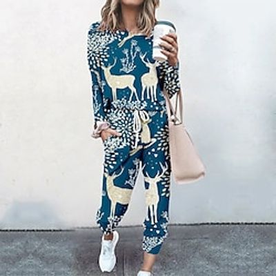 Women's Loungewear Sets Sweatsuits Tracksuits Animal Flower Simple Casual Home Daily Bed Cotton Spandex Jersey Long Sleeve Fall Winter Lake blue Black Lightinthebox