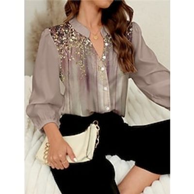 Women's Shirt Blouse Floral Color Gradient Royal Blue Blue Purple Print Button Long Sleeve Work Casual Fashion Modern Standing Collar Regular Fit Spring Lightinthebox