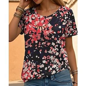Women's T shirt Tee Floral Pink Red Blue Print Short Sleeve Casual Holiday Fashion Round Neck Regular Fit Summer Lightinthebox