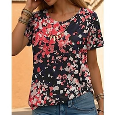 Women's T shirt Tee Floral Pink Red Blue Print Short Sleeve Casual Holiday Fashion Round Neck Regular Fit Summer Lightinthebox
