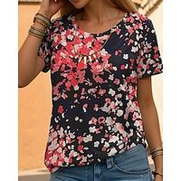 Women's T shirt Tee Floral Pink Red Blue Print Short Sleeve Casual Holiday Fashion Round Neck Regular Fit Summer Lightinthebox - thumbnail