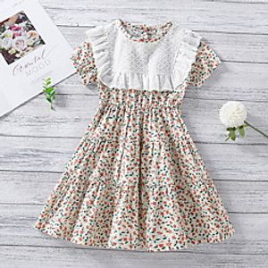 Kids Little Girls' Dress Graphic Print Beige Knee-length Short Sleeve Basic Dresses Summer Regular Fit 3-8 Years miniinthebox