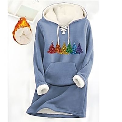 Women's Hoodie Sweatshirt Pullover Christmas Sweatshirt Sherpa Fleece Lined Christmas Tree Warm Fuzzy Festival Drawstring Front Pocket Print Black Blue Gray Christmas Casual Hoodie Long Sleeve Top Lightinthebox