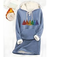 Women's Hoodie Sweatshirt Pullover Christmas Sweatshirt Sherpa Fleece Lined Christmas Tree Warm Fuzzy Festival Drawstring Front Pocket Print Black Blue Gray Christmas Casual Hoodie Long Sleeve Top Lightinthebox - thumbnail