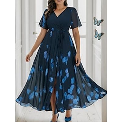 Women's Plus Size Curve Casual Dress Chiffon Dress Swing Dress Floral Long Dress Maxi Dress Short Sleeve Split Print V Neck Fashion Daily Blue Fall Winter L XL XXL 3XL 4XL Lightinthebox