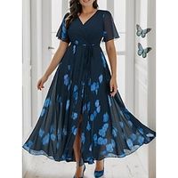 Women's Plus Size Curve Casual Dress Chiffon Dress Swing Dress Floral Long Dress Maxi Dress Short Sleeve Split Print V Neck Fashion Daily Blue Fall Winter L XL XXL 3XL 4XL Lightinthebox - thumbnail