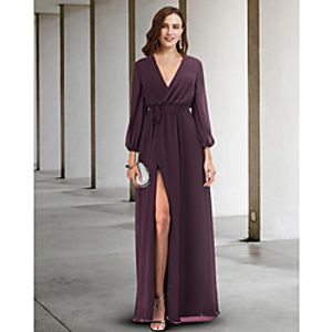 A-Line Mother of the Bride Dress Elegant V Neck Floor Length Chiffon Long Sleeve with Split Front 2021 miniinthebox