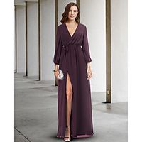 A-Line Mother of the Bride Dress Elegant V Neck Floor Length Chiffon Long Sleeve with Split Front 2021 miniinthebox - thumbnail