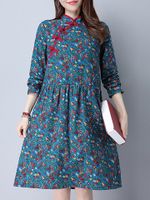 Casual Women Loose Floral Print V-Neck Long Sleeve Dress