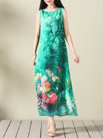Boho Chiffon Floral Print Sleeveless O-neck Maxi Dress For Women