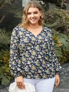 YOINS Plus Size V-neck Floral Print Wrap Design Long Sleeves Blouse