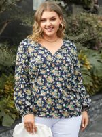 YOINS Plus Size V-neck Floral Print Wrap Design Long Sleeves Blouse - thumbnail