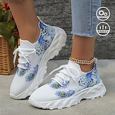 Women's Leopard Print Peacock Feather Watercolor Graphic Print Comfortable and Soft Lace-Up Flyknit Sneakers Lightinthebox
