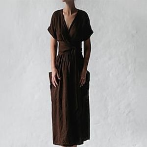 Women's Casual Dress Linen Dress Long Dress Maxi Dress Green Pink Wine Short Sleeve Pure Color Pocket Spring Summer V Neck Mature Weekend Loose Fit 2022 S M L XL XXL 3XL Lightinthebox