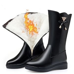 Women's Boots Biker boots Snow Boots Comfort Shoes Daily Solid Color Fleece Lined Mid Calf Boots Winter Zipper Wedge Heel Round Toe Fashion Casual Minimalism Faux Leather Zipper Black miniinthebox