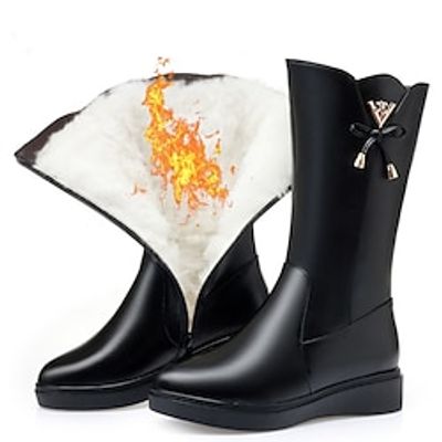 Women's Boots Biker boots Snow Boots Comfort Shoes Daily Solid Color Fleece Lined Mid Calf Boots Winter Zipper Wedge Heel Round Toe Fashion Casual Minimalism Faux Leather Zipper Black miniinthebox