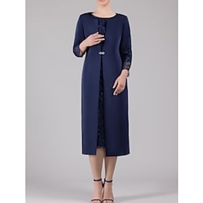 Two Piece Mother of the Bride Dress Wedding Guest Elegant Petite Scoop Neck Tea Length Satin Lace Long Sleeve with Crystal Brooch Solid Color 2023 Lightinthebox