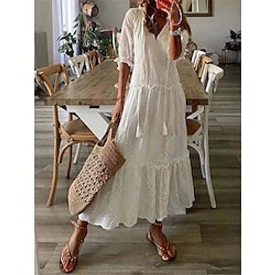Women's White Dress Casual Dress Swing Dress Long Dress Maxi Dress Ruffle Holiday Date Vacation Streetwear Maxi V Neck Half Sleeve Loose Fit White Red Blue Color S M L XL 2XL Size Lightinthebox