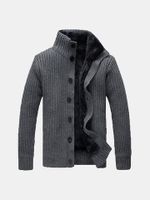 Mens Solid Thicken Stand Collar Thermal Cardigan