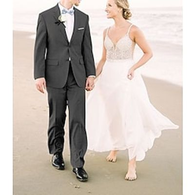 Gray Men's Beach Wedding Suits 2 Piece Solid Colored Tailored Fit Single Breasted Two-buttons 2023 Lightinthebox
