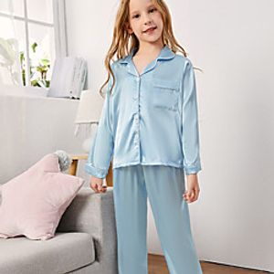 Kids Girls' Pajamas 2 Pieces Long Sleeve Blue Solid Color Long 5-13 Years Lightinthebox