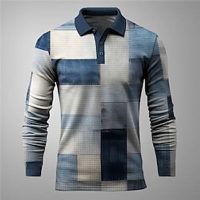 Color Block Plaid  Check Men's Casual Print 3D Waffle Polo Shirt Golf Polo Outdoor Casual Daily Streetwear Waffle Fabric Long Sleeve Turndown Polo Shirts Blue Purple Spring S M L Micro-elastic Lapel Lightinthebox