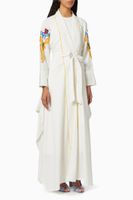 Embroidered Abaya with Sheila & Belt in Linen - thumbnail
