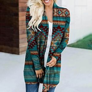 Women's Coat Casual Jacket Daily Fall Long Coat V Neck Regular Fit Warm Casual Jacket Long Sleeve Geometric Print Green Blue miniinthebox